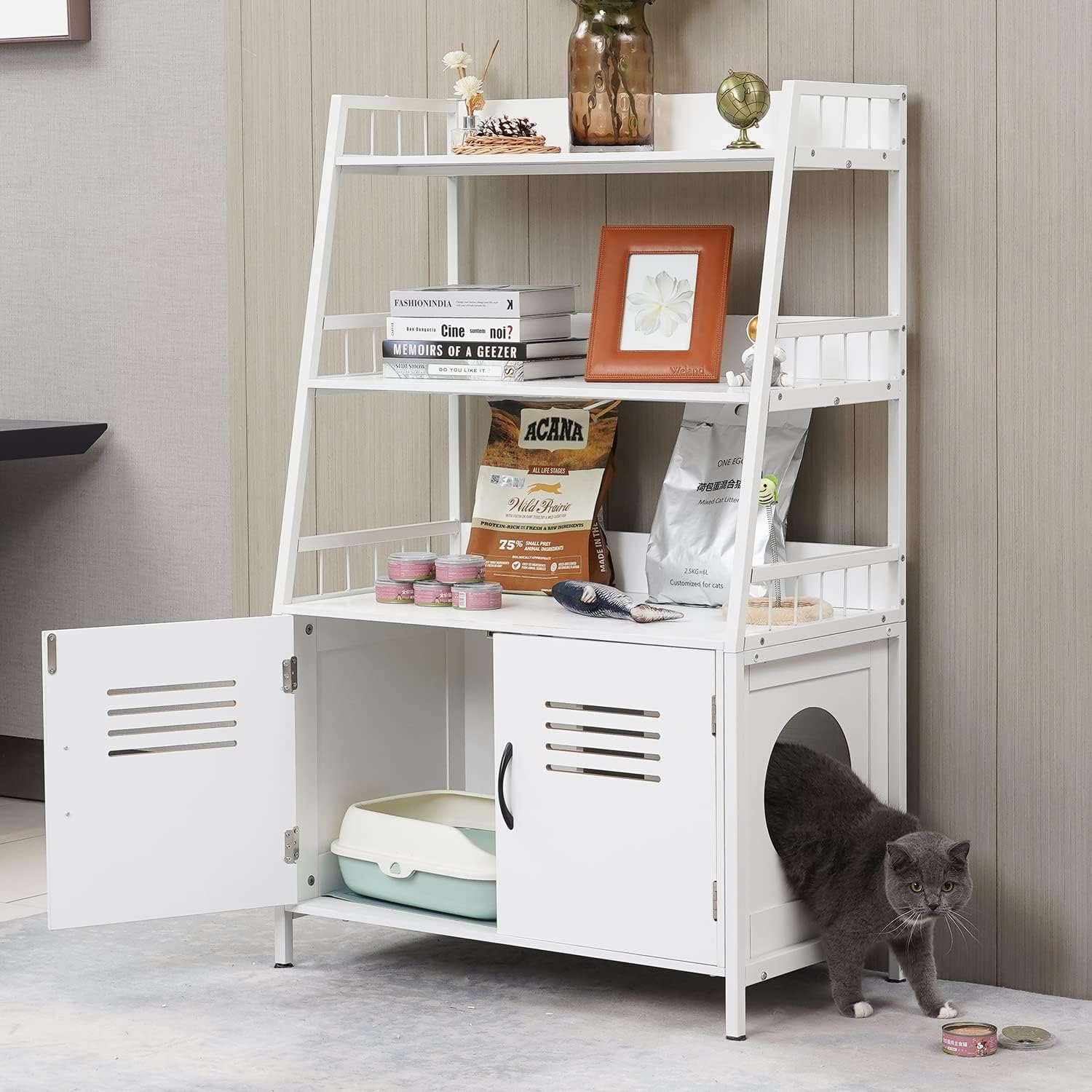 White Wooden Cat Litter Box Enclosure with 2 Doors B37425