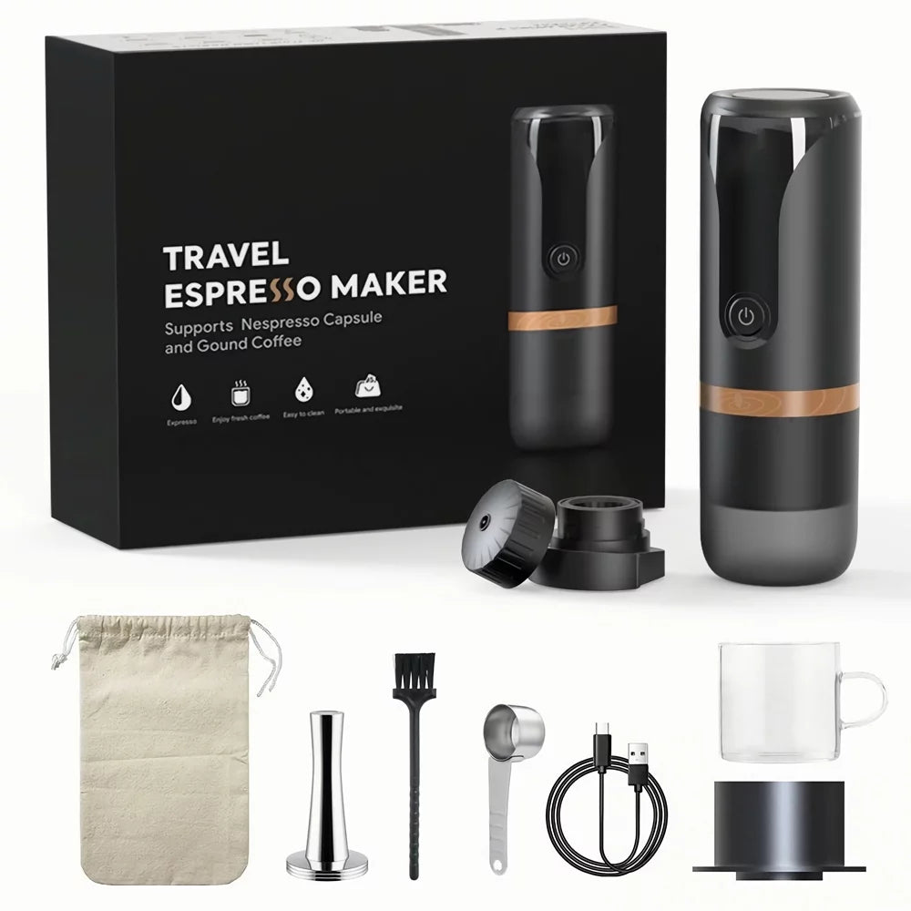 Portable Espresso Machine 9 Bar Pressure Rechargeable 2 in 1 Small Travel Coffee Maker Black Z526