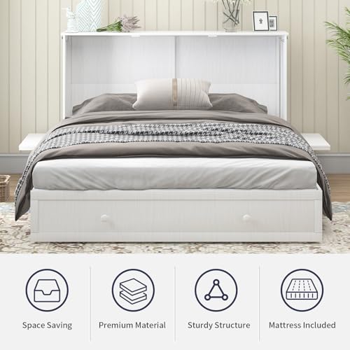 Queen Size Wall Bed with Charging Station, Solid Wood Frame, Burnt Orange S489