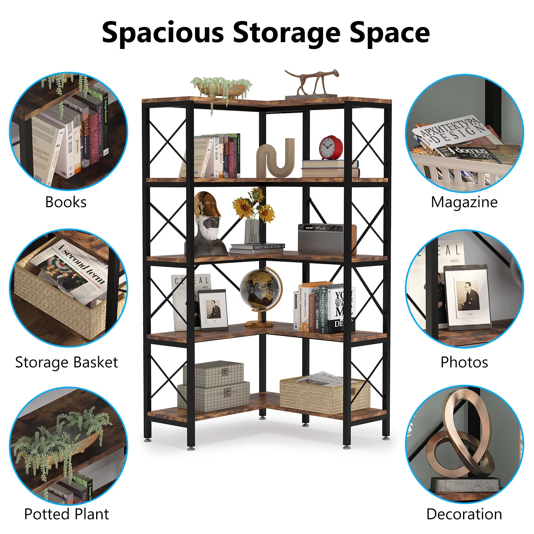 5-Tier Rustic Brown Corner Bookshelf P60210