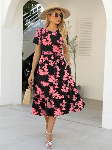 Women's Casual Summer Tiered Midi Dress Short Sleeve Belted Ruffle Boho Sundress with Pockets P7498