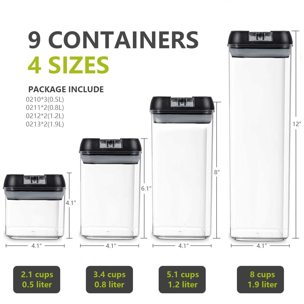 9 PCs Clear Food Storage Containers Set with Black Lid V373