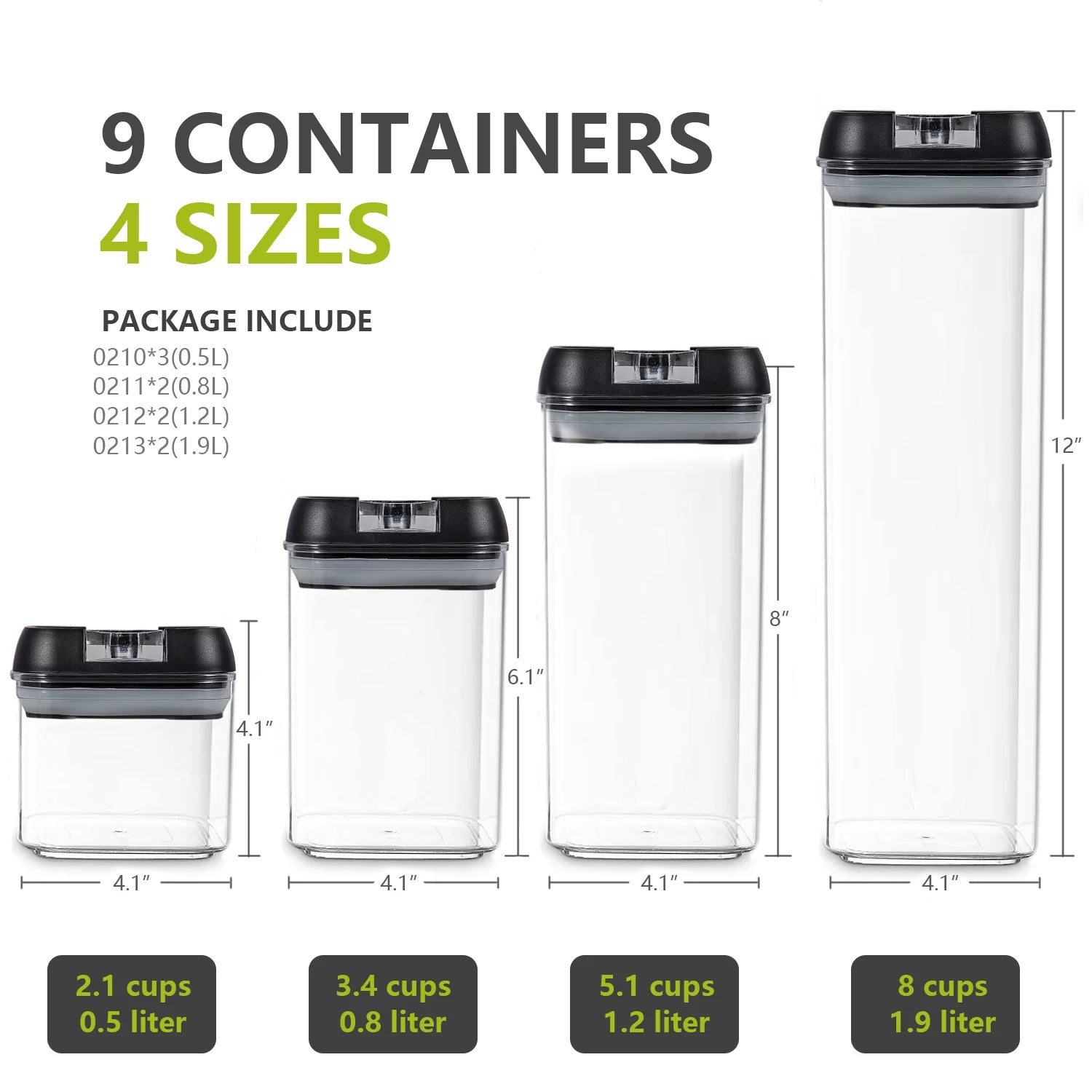 9 PCs Clear Food Storage Containers Set with Black Lid V373