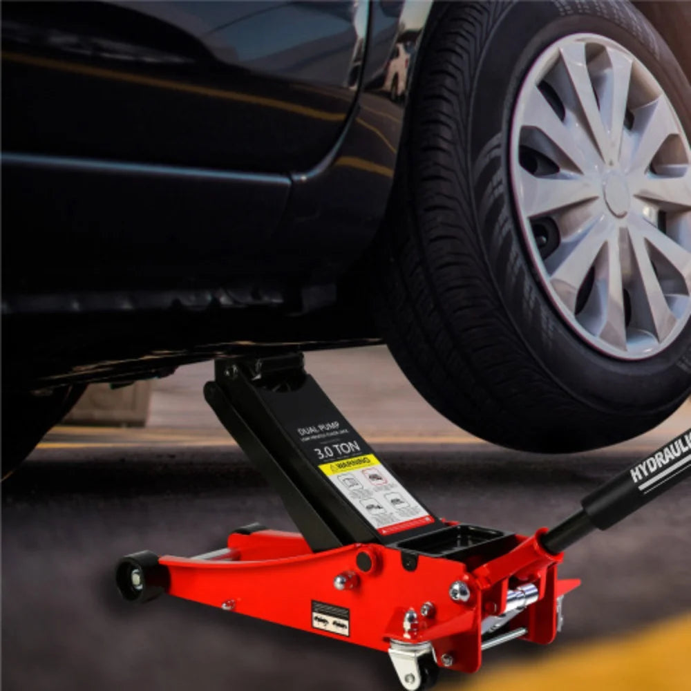 3T Low Profile Red Black Steel Floor Jack with Dual Pistons Quick Lift Pump U146