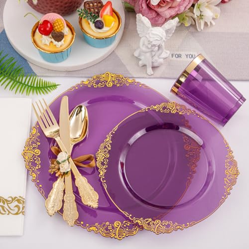 350PCS Clear Gold Plastic Plates Dinnerware Sets O670