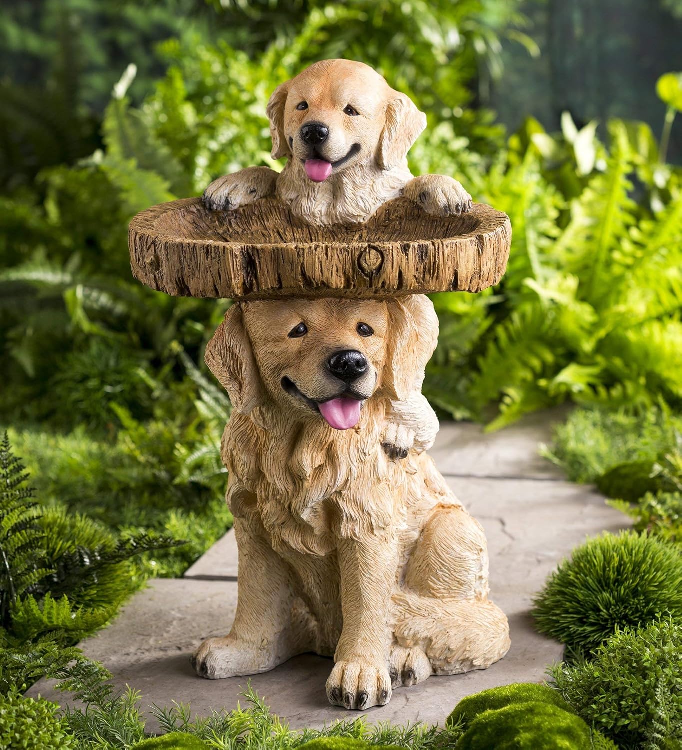 Two Playful Golden Retriever Puppies Resin Birdbath, 13¼ Dia. x 22 H M30033