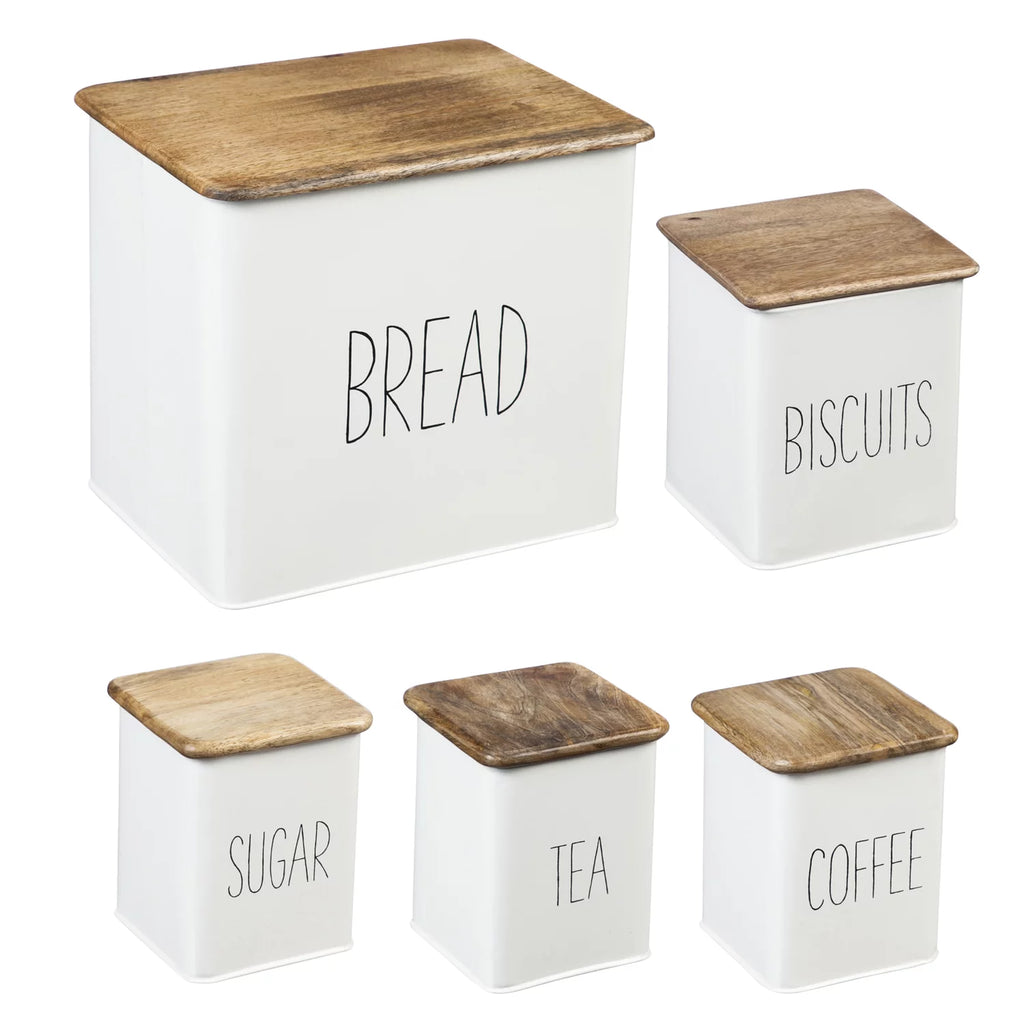 White 5 Piece Kitchen Canisters with Wooden Top Set Y864