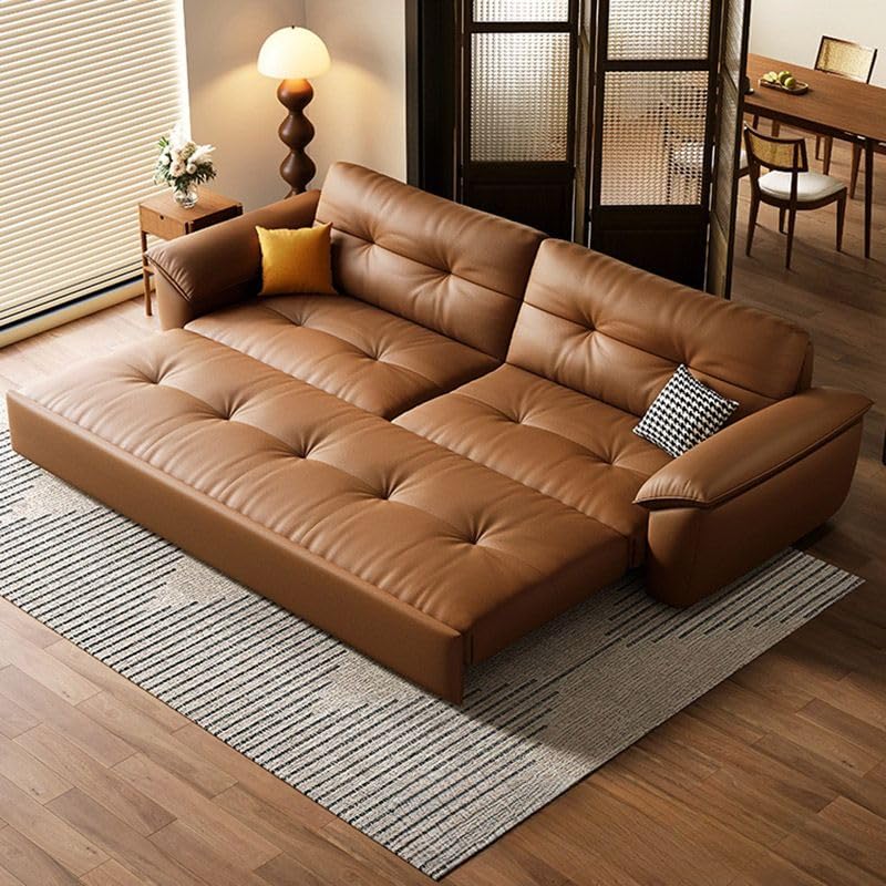 Brown Genuine Leather Convertible Sleeper Sofa Bed with Storage 81" L x 33.5" D x 35" H F2140
