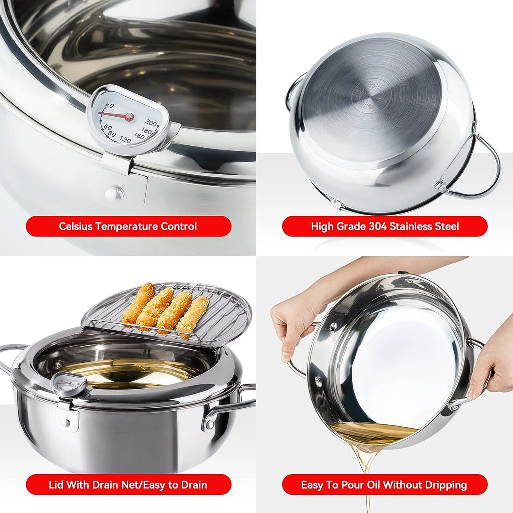 11 Inch 4.2 L 304 Stainless Steel Deep Fryer Pot with Lid B344