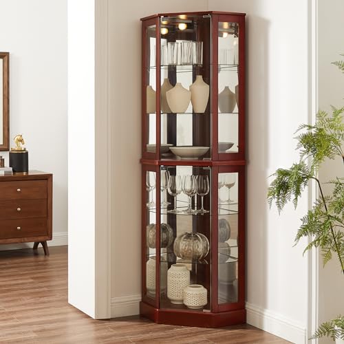 Walnut 6 Tier Corner Curio Cabinet with Mirror S34174