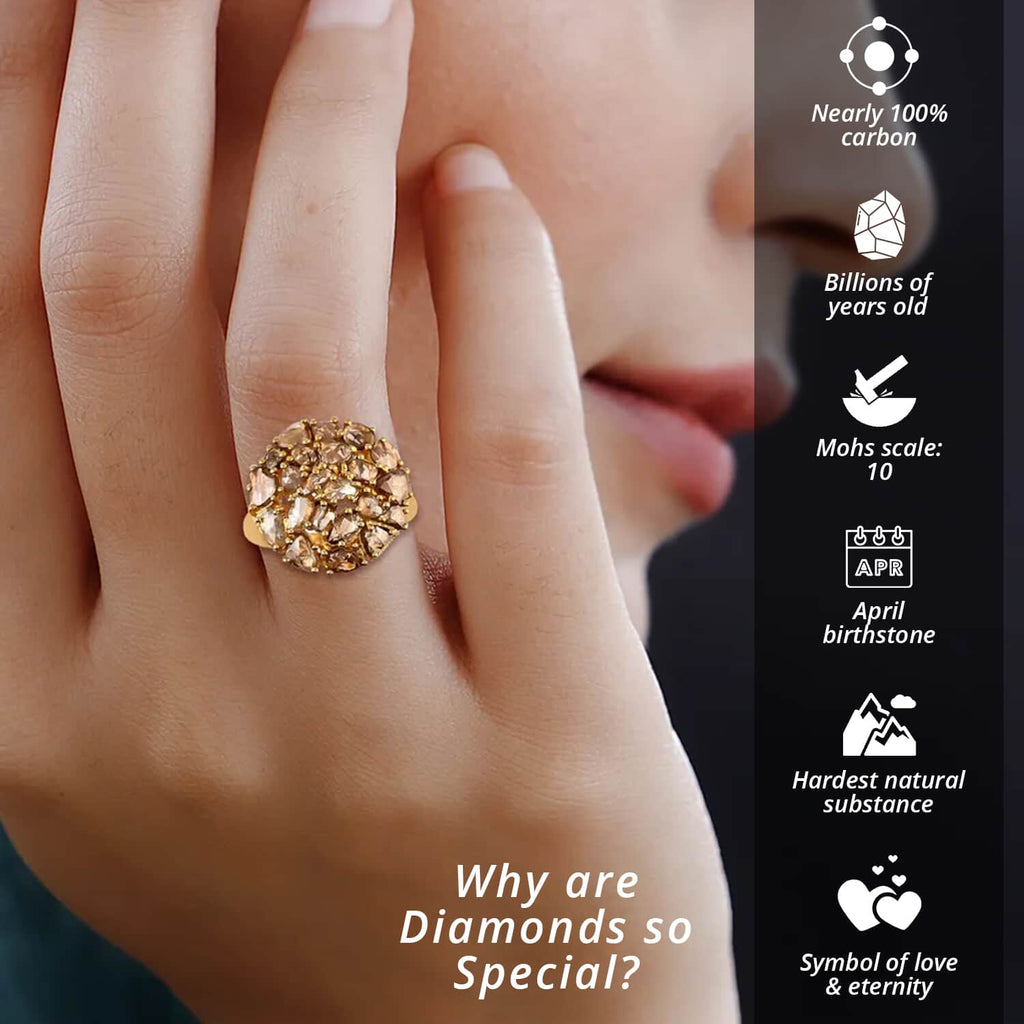 Champagne Diamond Mix 925 Sterling Silver 14K Yellow Gold Plated Cluster Ring Size 8 Z890