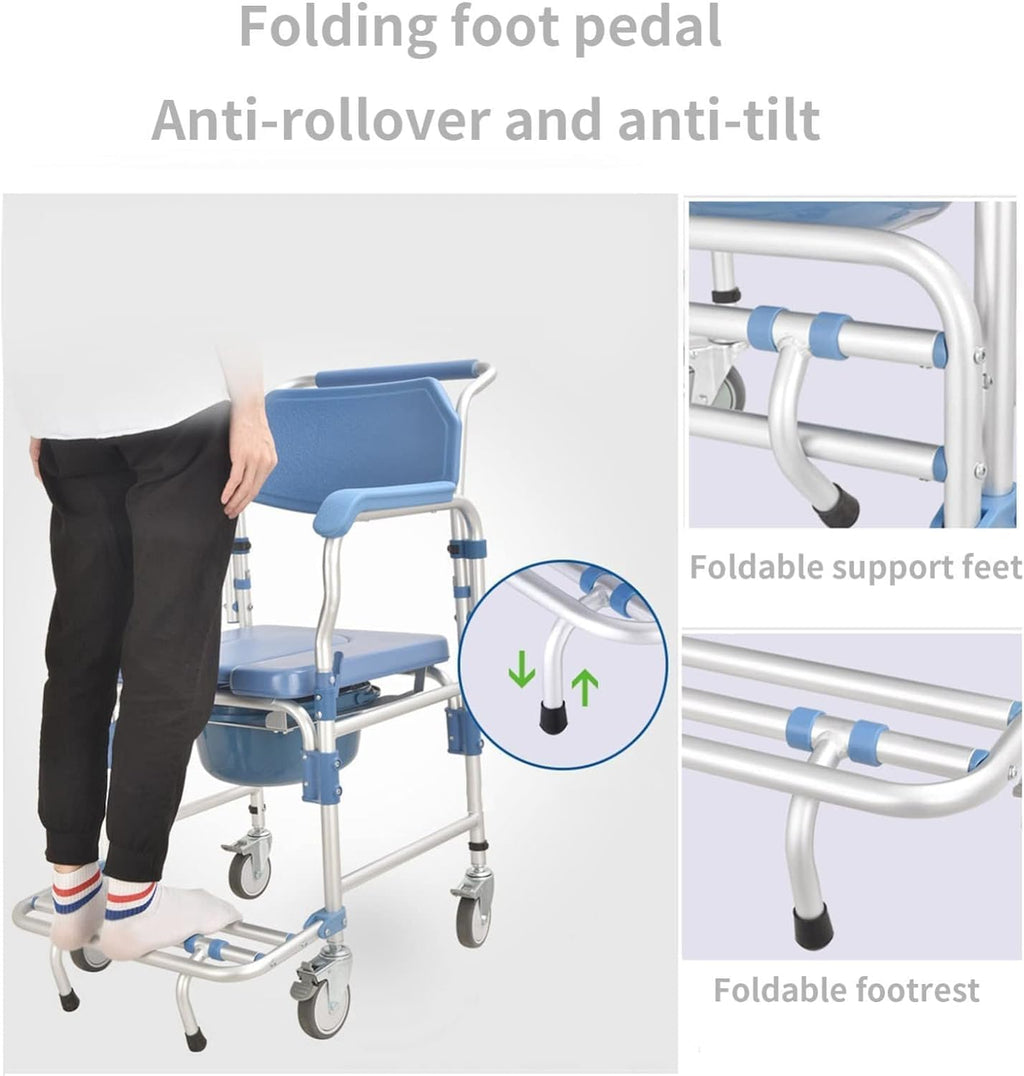 Portable Toilet Chair with Wheels Padded Seat Movable Armrest Folding Pedal Y30371