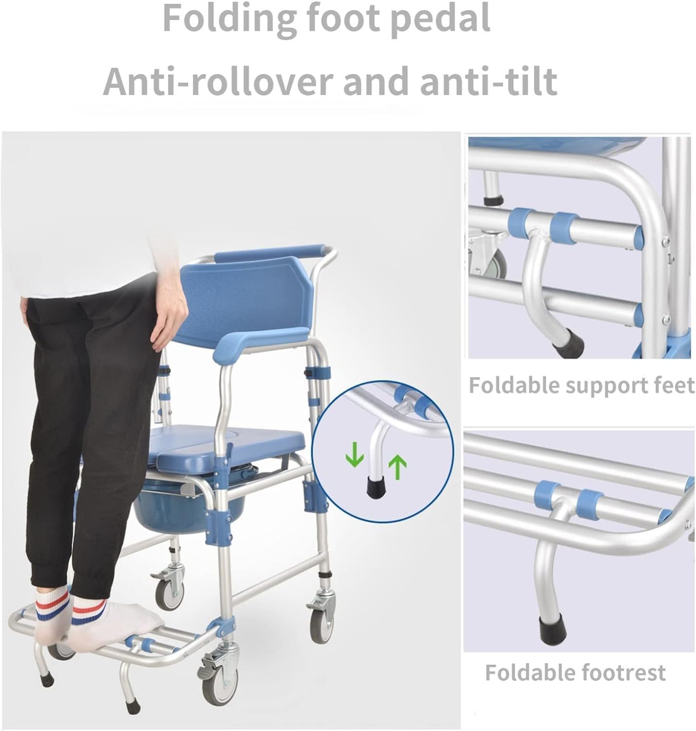 Portable Toilet Chair with Wheels Padded Seat Movable Armrest Folding Pedal Y30371