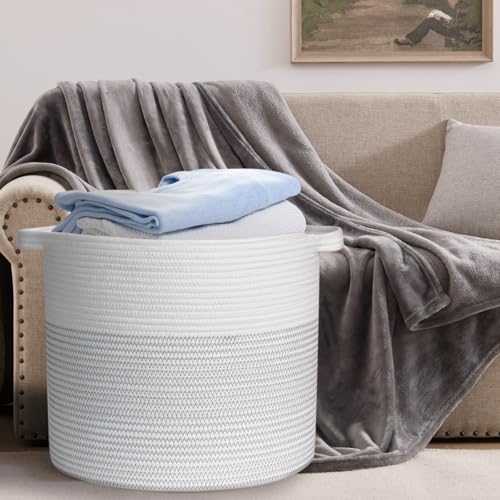 White & Grey Cotton Rope Storage Basket with Handles O155425