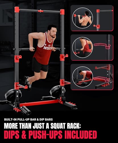 Squat Rack with Adjustable Pull-Up Bar & Extended Safety Arms, 35"-67" Width, Fixed 83” Frame Height X93970