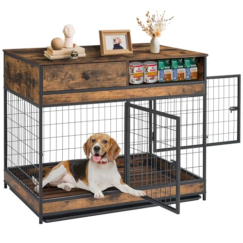 Rustic Brown 31.5 Inch Wooden Dog Crate with Storage Drawer T6345