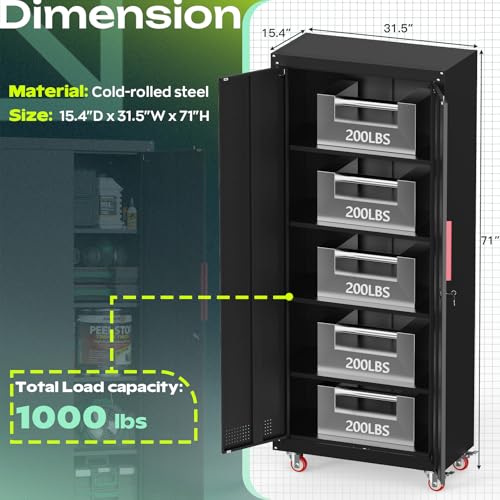 Metal Garage Storage Cabinet with 5 Adjustable Shelves, Lockable Heavy Duty Steel Cabinet with Wheels R1822