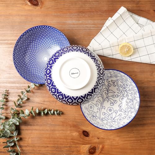53 OZ Ceramic Salad Bowls Set of 3, Vintage Blue P384