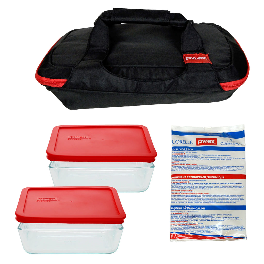 Pyrex Glassware Bundle with Red Lids and Hot/Cold Packs A531