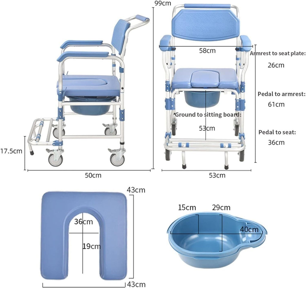Portable Toilet Chair with Wheels Padded Seat Movable Armrest Folding Pedal Y30371