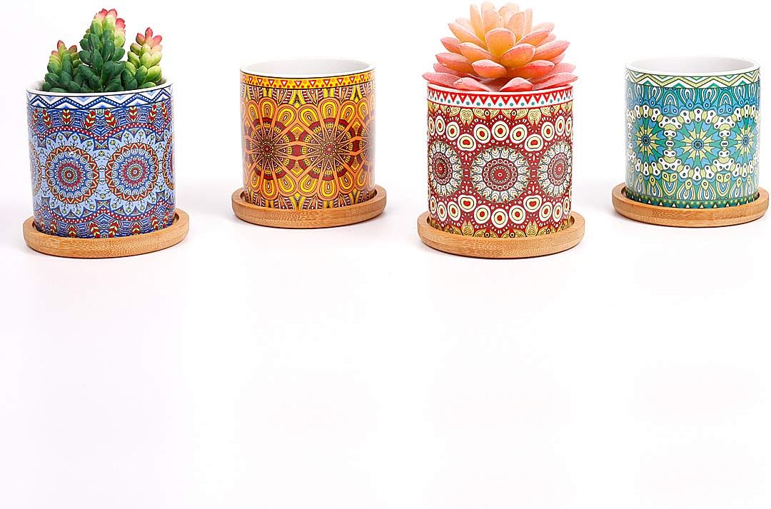 4 pcs 3.0 inches Ceramic Succulent Planters with Bamboo Trays X822