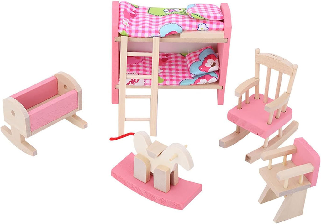 6 Different Rooms Wooden Dollhouse Furniture with Cushion and Towel F8091