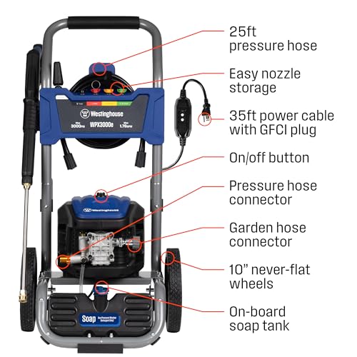 Electric Pressure Washer, 3000 Max PSI, 1.76 Max GPM, Induction Motor, Onboard Soap Tank, Spray Gun and Wand, 5 Nozzle Set S427