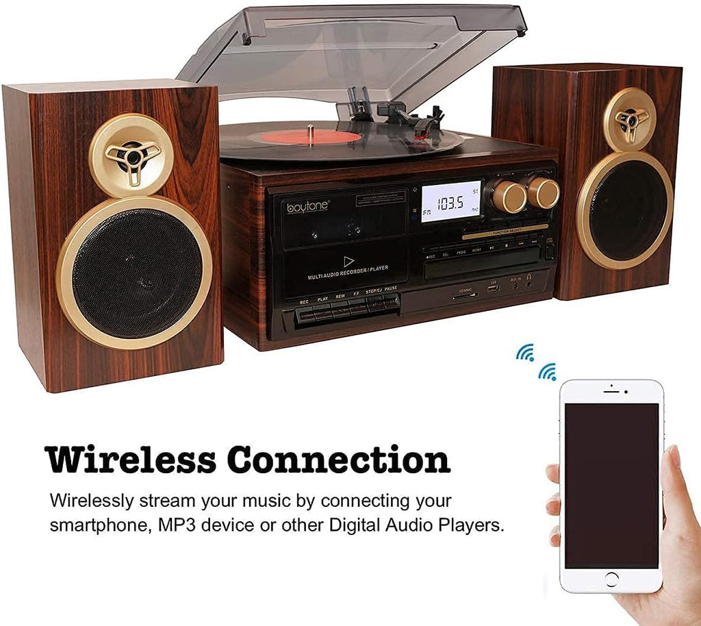 Bluetooth Record Player Turntable with AM/FM Radio, CD / Cassette Player, 2 Separate Stereo Speakers Y65822