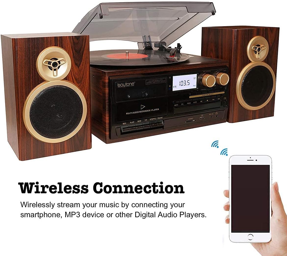 Bluetooth Record Player Turntable with AM/FM Radio, CD / Cassette Player, 2 Separate Stereo Speakers Y65822