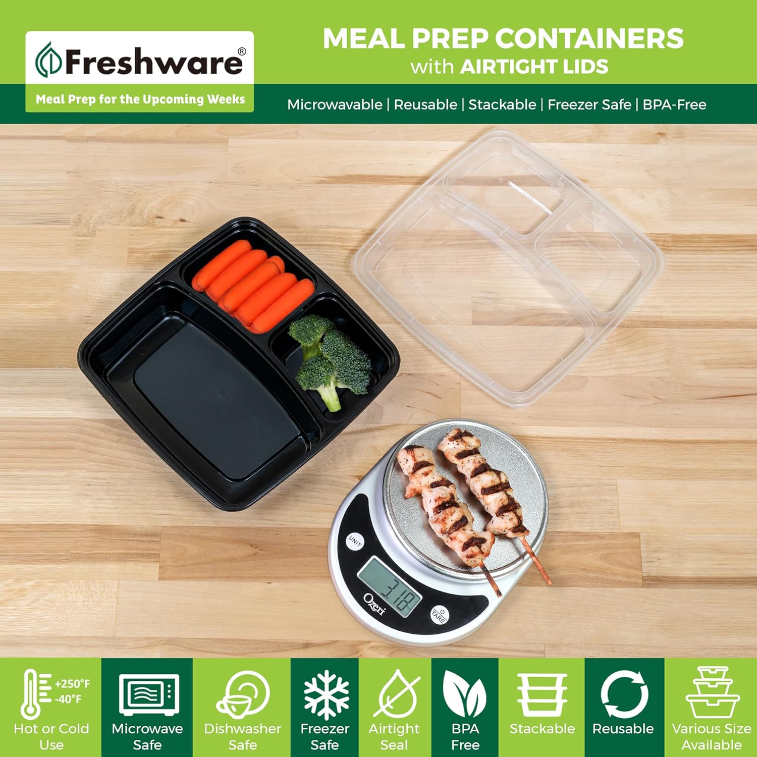 20 Count 3 Compartment BPA Free Food Containers with Lids X97472