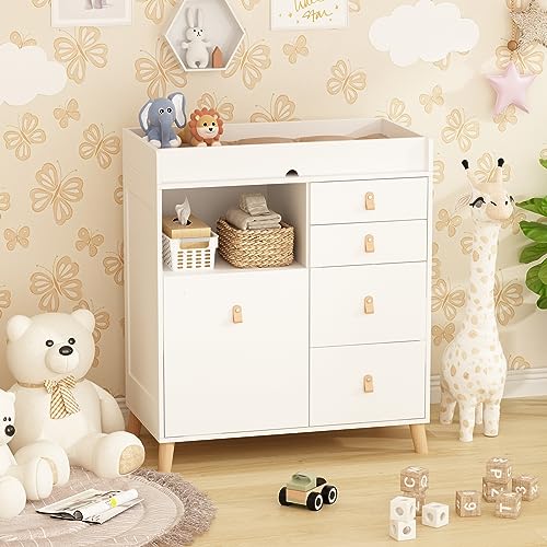 White 33.5" Wooden Baby Changing Table Dresser with Drawers V7667