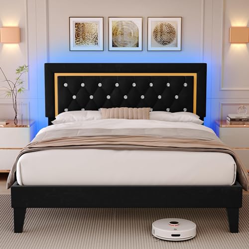 Black Upholstered Platform Bed Frame with LED Light T688