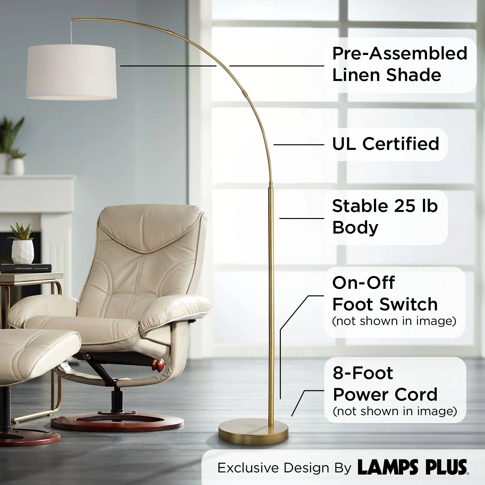 72" Tall Brass Metal Arc Floor Lamp with White Linen Drum Shade M303690