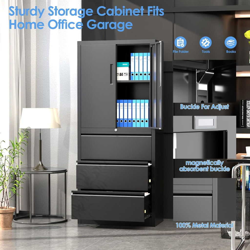 Black 3 Drawer Metal File Cabinet with Lock X336