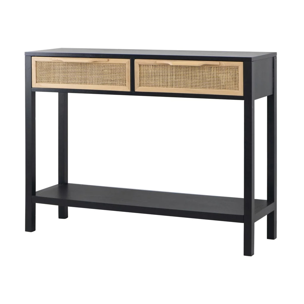 Black Finish Sofa Console Table with 2 Rattan Drawers K528731