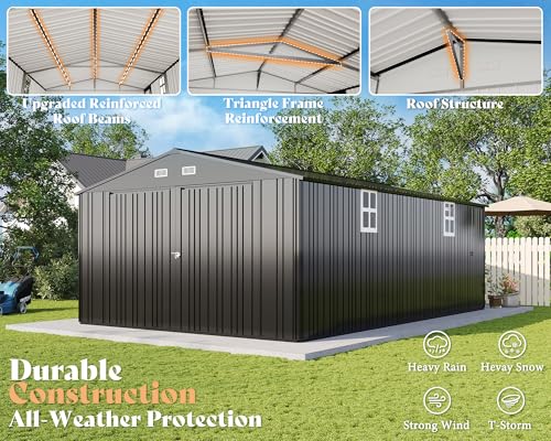 13.2x21x8 FT Outdoor Metal Garage Shed with Double Hinged Doors and 4 Windows U37043