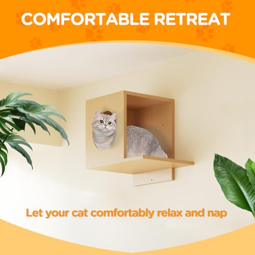 Set of 5 Wooden Cat Wall Shelves with Cat Condo, Scratching Post, Bridge, Hammocks and Scratcher B524536