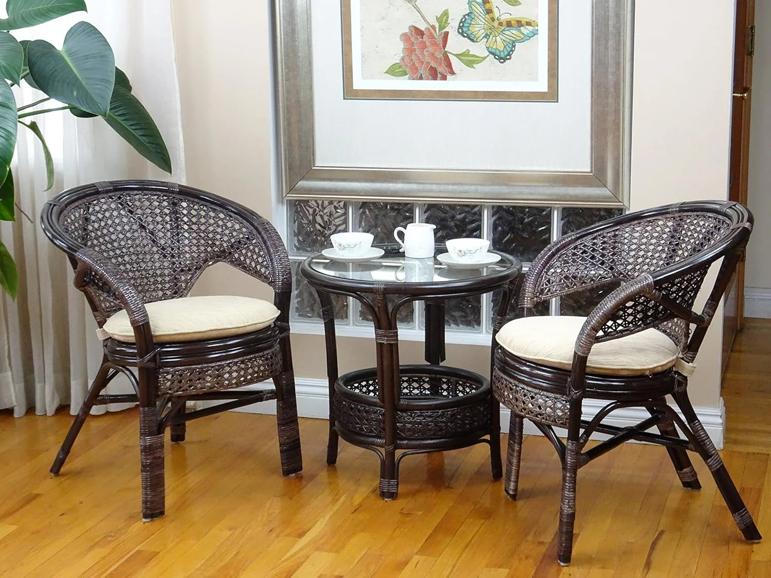 Natural Rattan Round Coffee Table with Glass Top Dark Brown D66908
