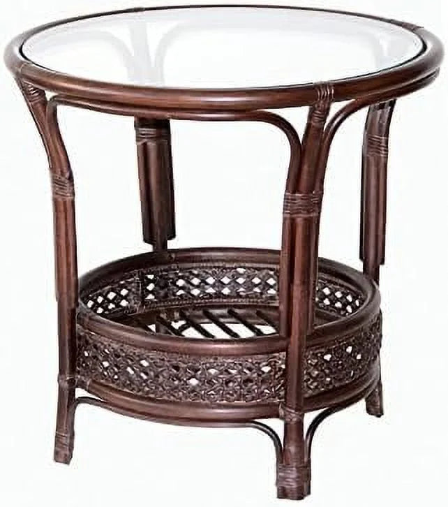 Natural Rattan Round Coffee Table with Glass Top Dark Brown D66908