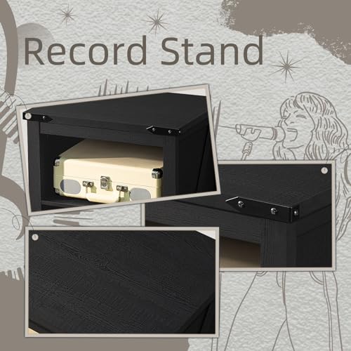 Rustic Brown Wood Record Player Stand with Vinyl Record Storage W79910