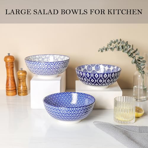 53 OZ Ceramic Salad Bowls Set of 3, Vintage Blue P384