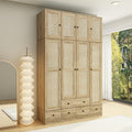 Light Brown 8 Door Wardrobe Armoire with Rattan Doors, 5 Drawers, 2 Hanging Bars R192
