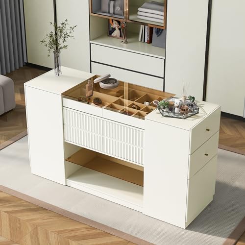 White Glass Top 6 Drawer Wooden Closet Storage Cabinet X713