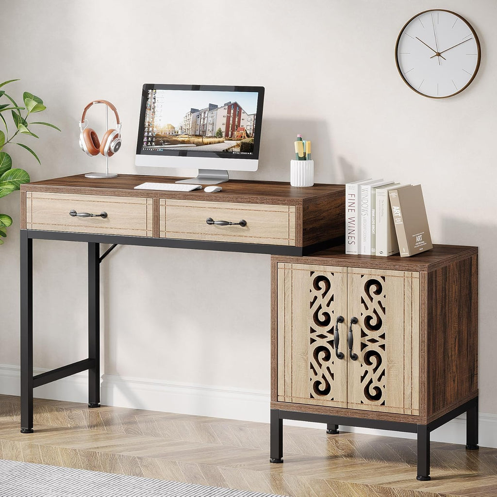 55-Inch Computer Desk with Drawers and Storage Cabinet, Brown O6477