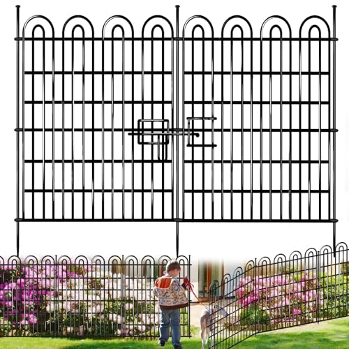 15 Panels Tall Garden Animal Barrier Fence with Gate, 33 in(H) X 36.8 ft(L) No Dig Decorative Metal Edging Border K1077