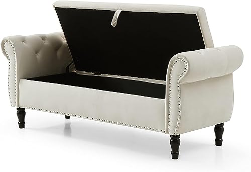 Grey Button Tufted Velvet Upholstered Storage Bench Ottoman with Pillow R441408