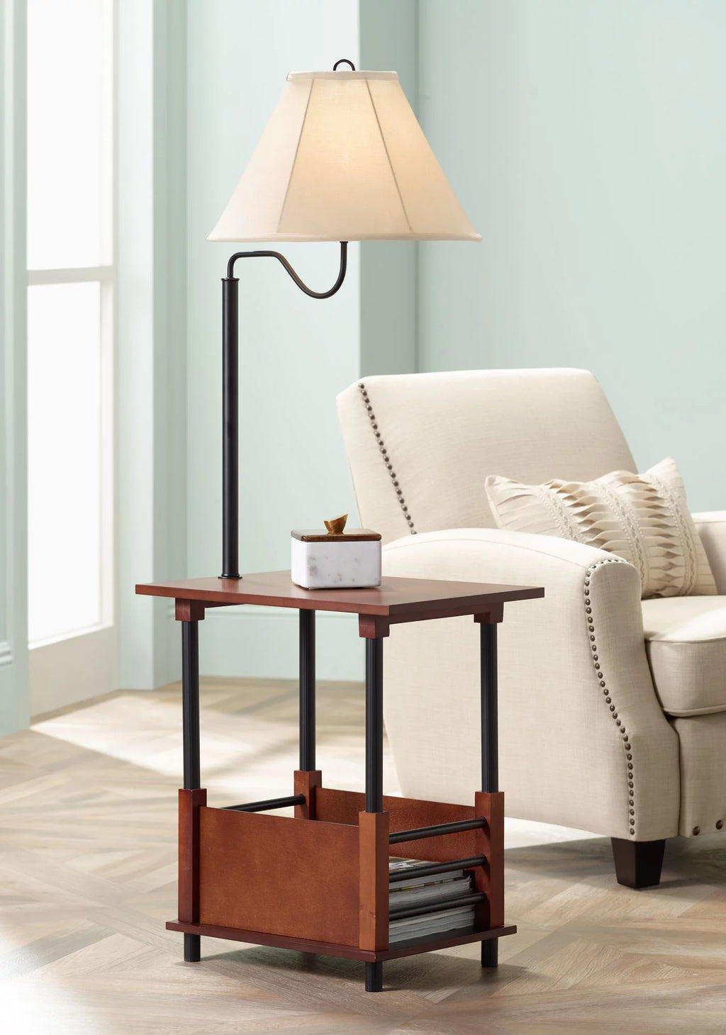 55" Tall Wood Floor Lamp with Off White Shade P167