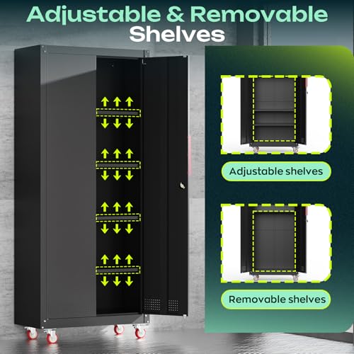 Metal Garage Storage Cabinet with 5 Adjustable Shelves, Lockable Heavy Duty Steel Cabinet with Wheels R1822