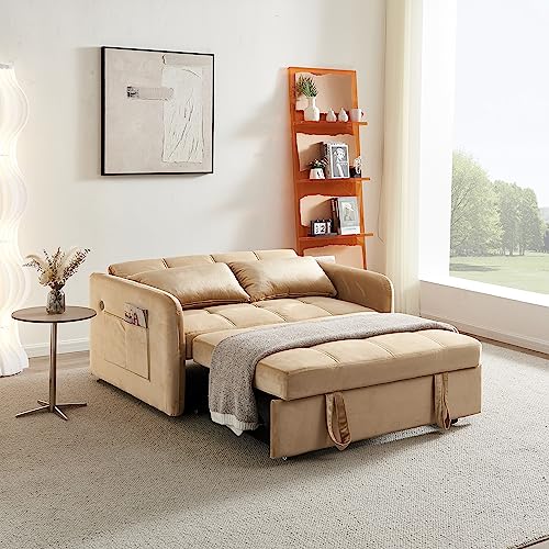 Pink Velvet Full Size Pull Out Sofa with USB Port Y144