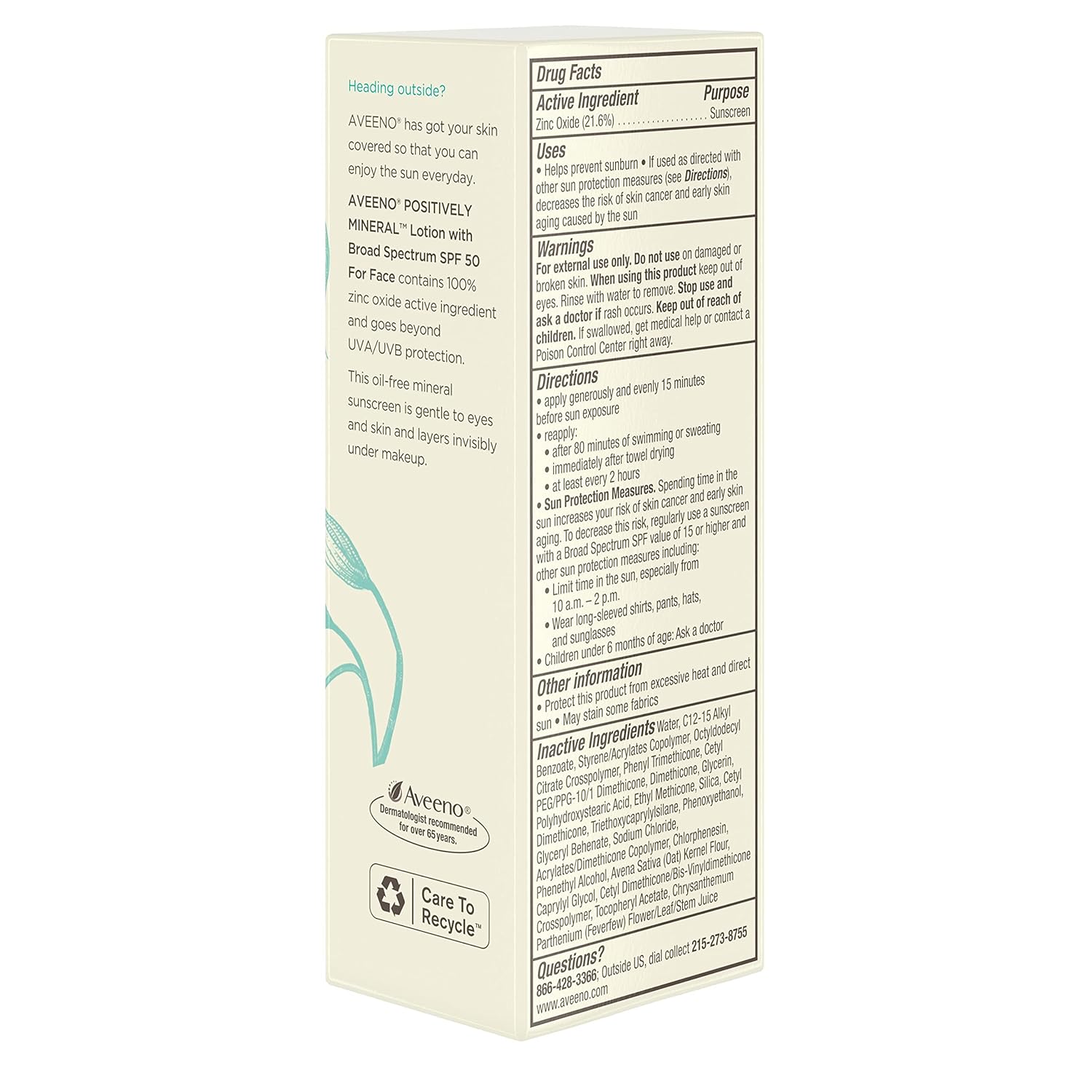 Positively Mineral Sensitive Skin Daily Sunscreen Lotion, Broad Spectrum SPF 50 with 100% Zinc Oxide, Lightweight & Non-Comedogenic Facial Sunscreen, Travel-Size, 2 fl. oz C156132